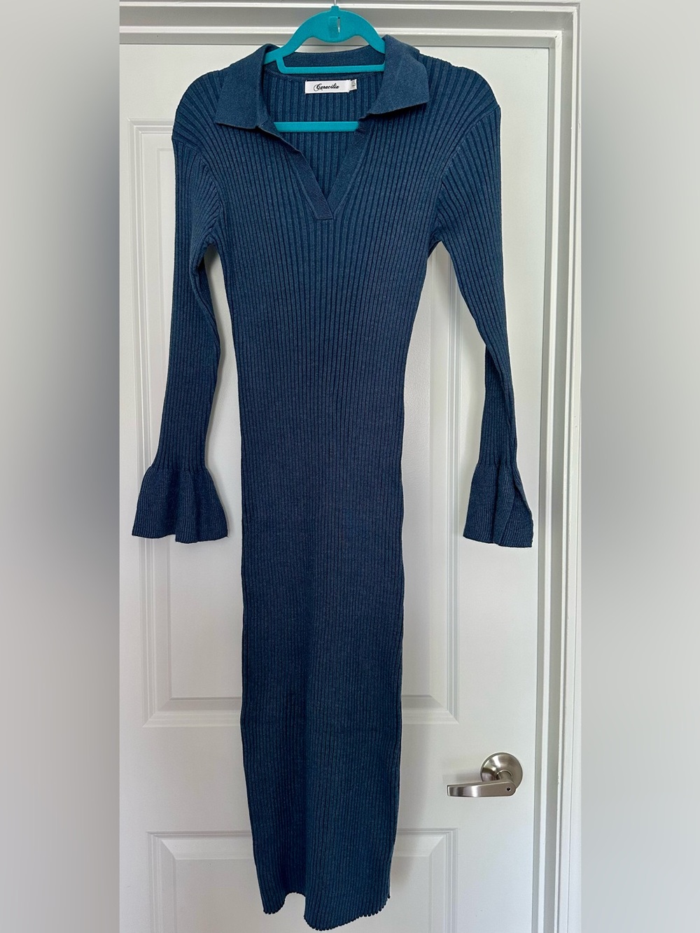 Ribbed Polo Midi Dress with Bell Cuffs in Blue